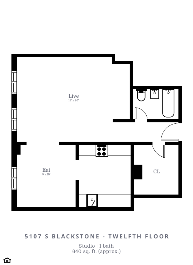 Floor plan for studio, 1 bath, 640 sqft